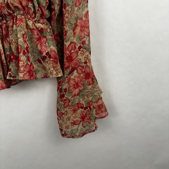 Kori Floral Women's Blouse Lined Gathered Waist Floral Pink Brown‎ Size L - Picture 4 of 6